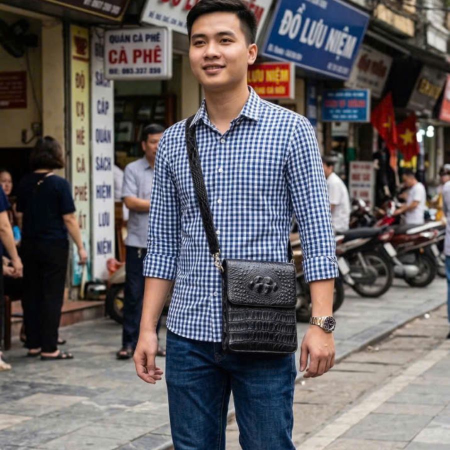 Túi đeo chéo nam gù da cá sấu cao cấp màu đen